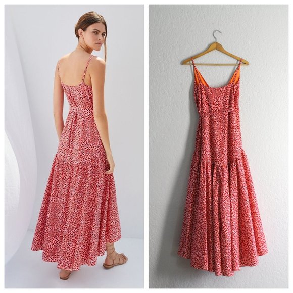 Anthropologie Hutch Flutter Wrap long Dress XS flowy lined orange pink white dot - Picture 2 of 9